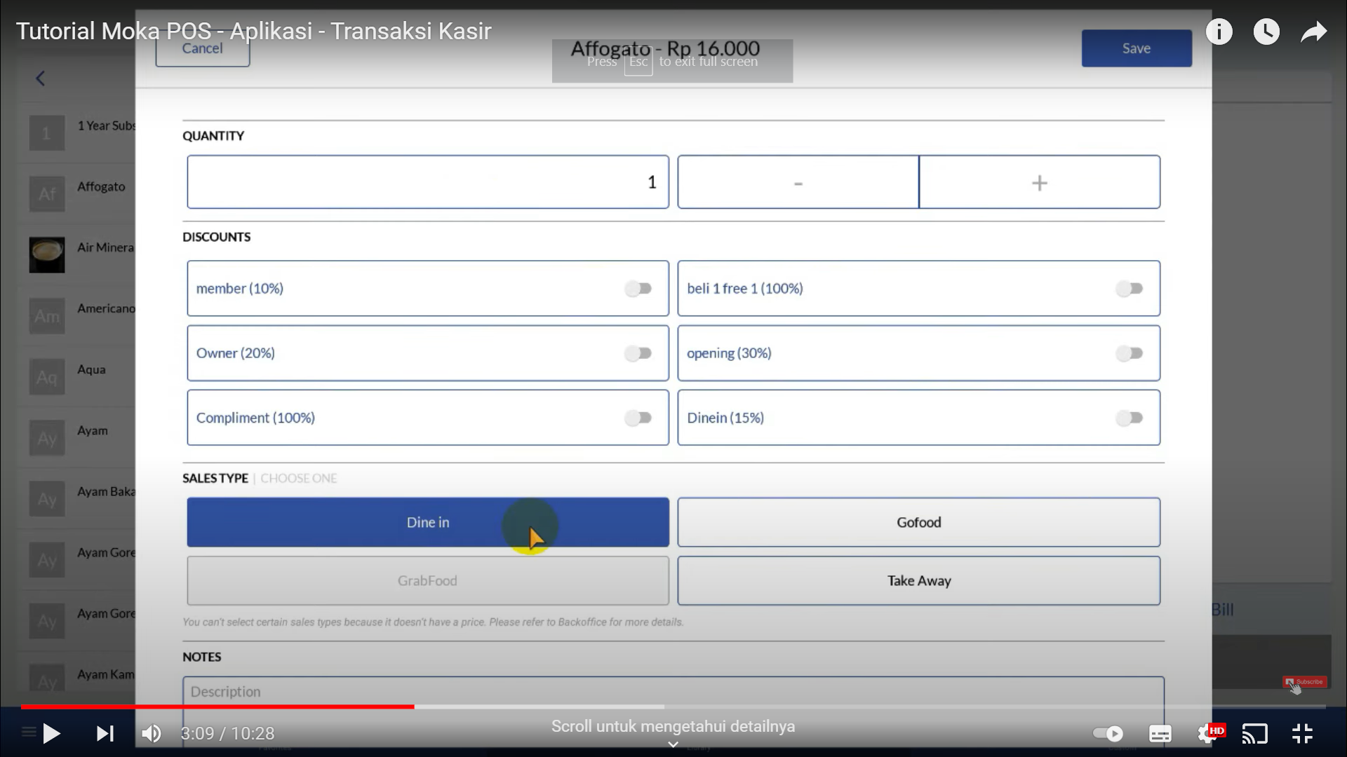 Screenshot tentang sistem MokaPOS yang mengijinkan kasir menambah data item penjualan pada tagihan sesuai pesanan pembeli