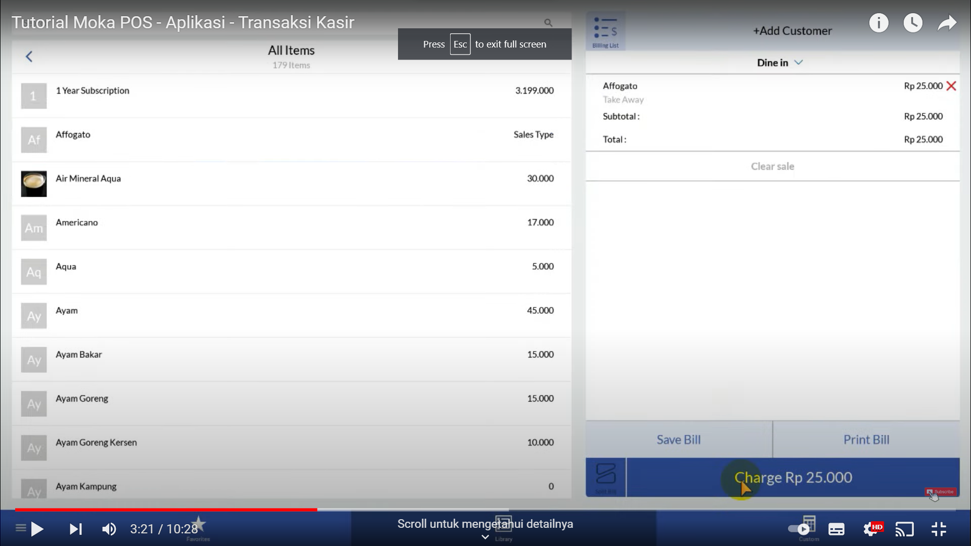 Screenshot tentang sistem MokaPOS yang mengijinkan kasir melakukan penagihan tagihan pada pembeli
