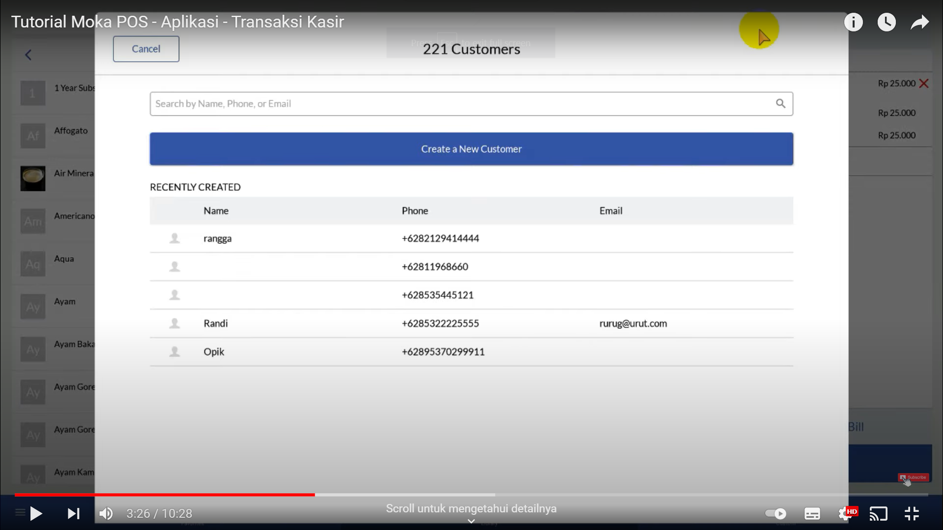 Screenshot tentang sistem MokaPOS yang mengijinkan kasir menambahkan data pembeli pada tagihan