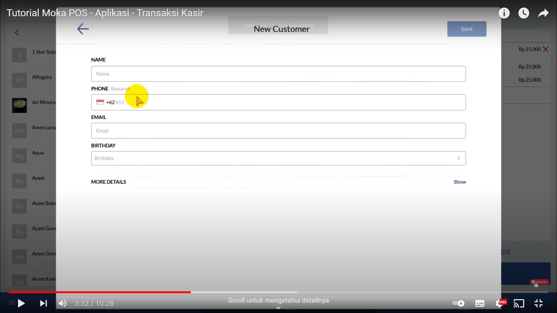 Screenshot tentang sistem MokaPOS yang mengijinkan kasir menambahkan data pembeli baru