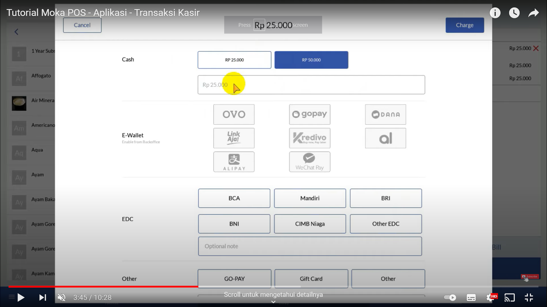 Screenshot tentang sistem MokaPOS yang dapat memproses pembayaran tagihan secara tunai sesuai jumlah yang dibayarkan pembeli
