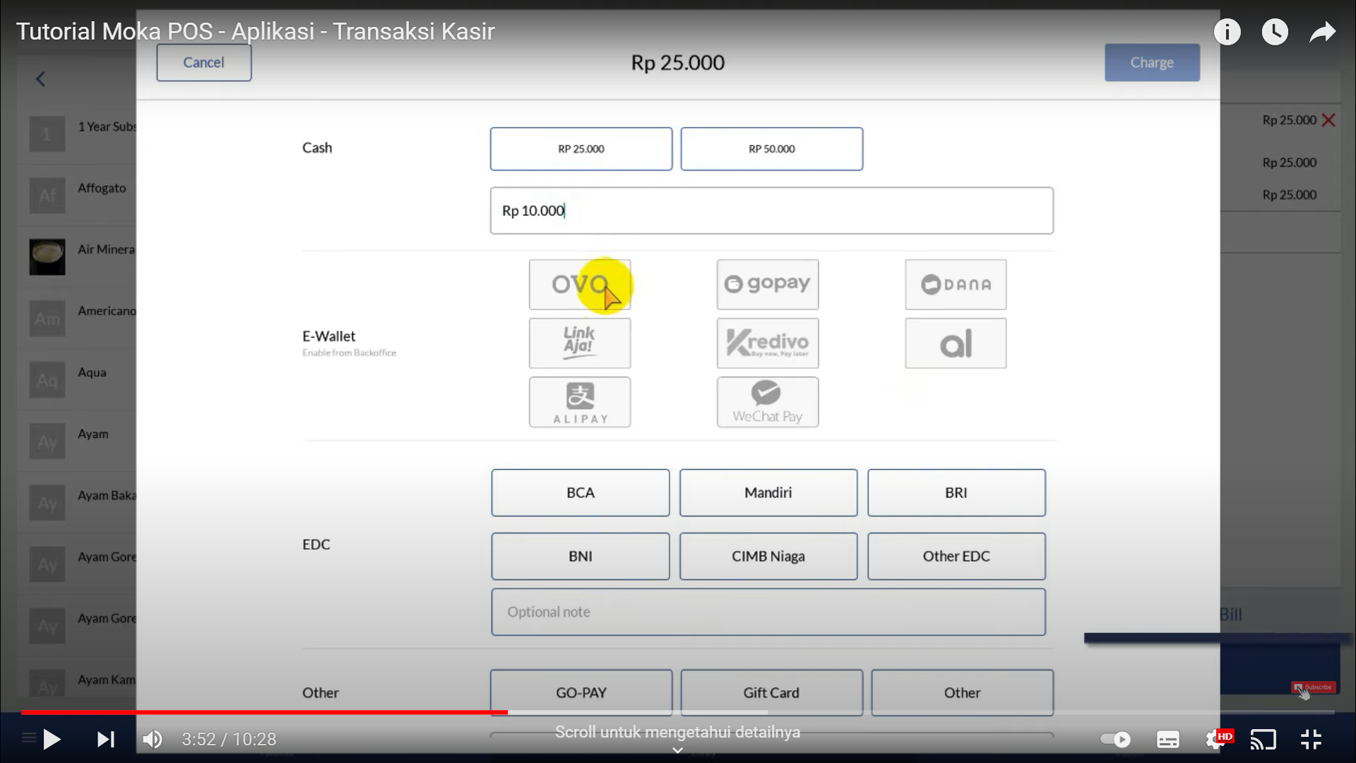 Screenshot tentang sistem MokaPOS yang dapat memproses pembayaran tagihan melalui e-wallet pilihan pembeli
