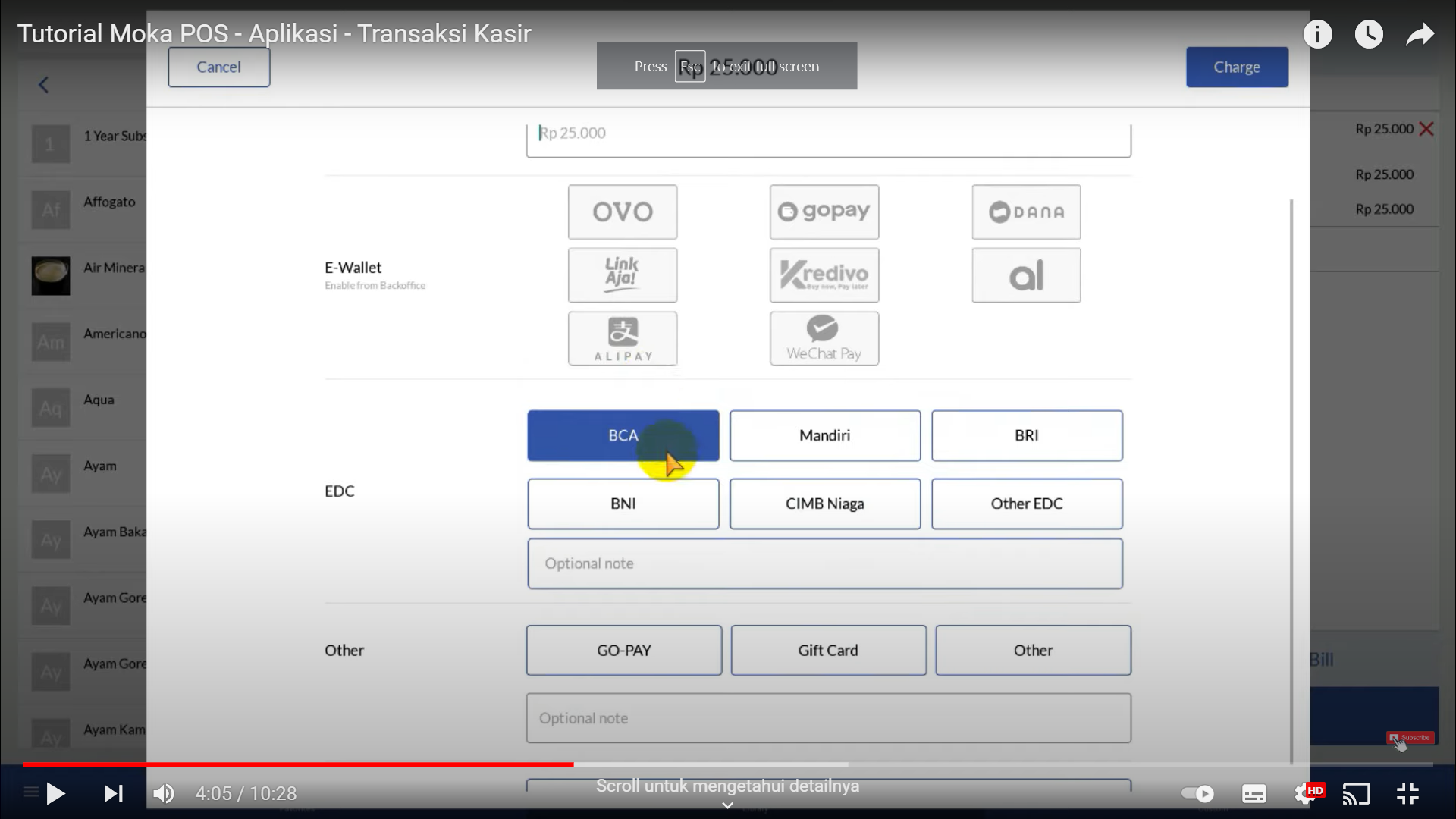 Screenshot tentang sistem MokaPOS yang dapat memproses pembayaran tagihan melalui layanan EDC pilihan pembeli