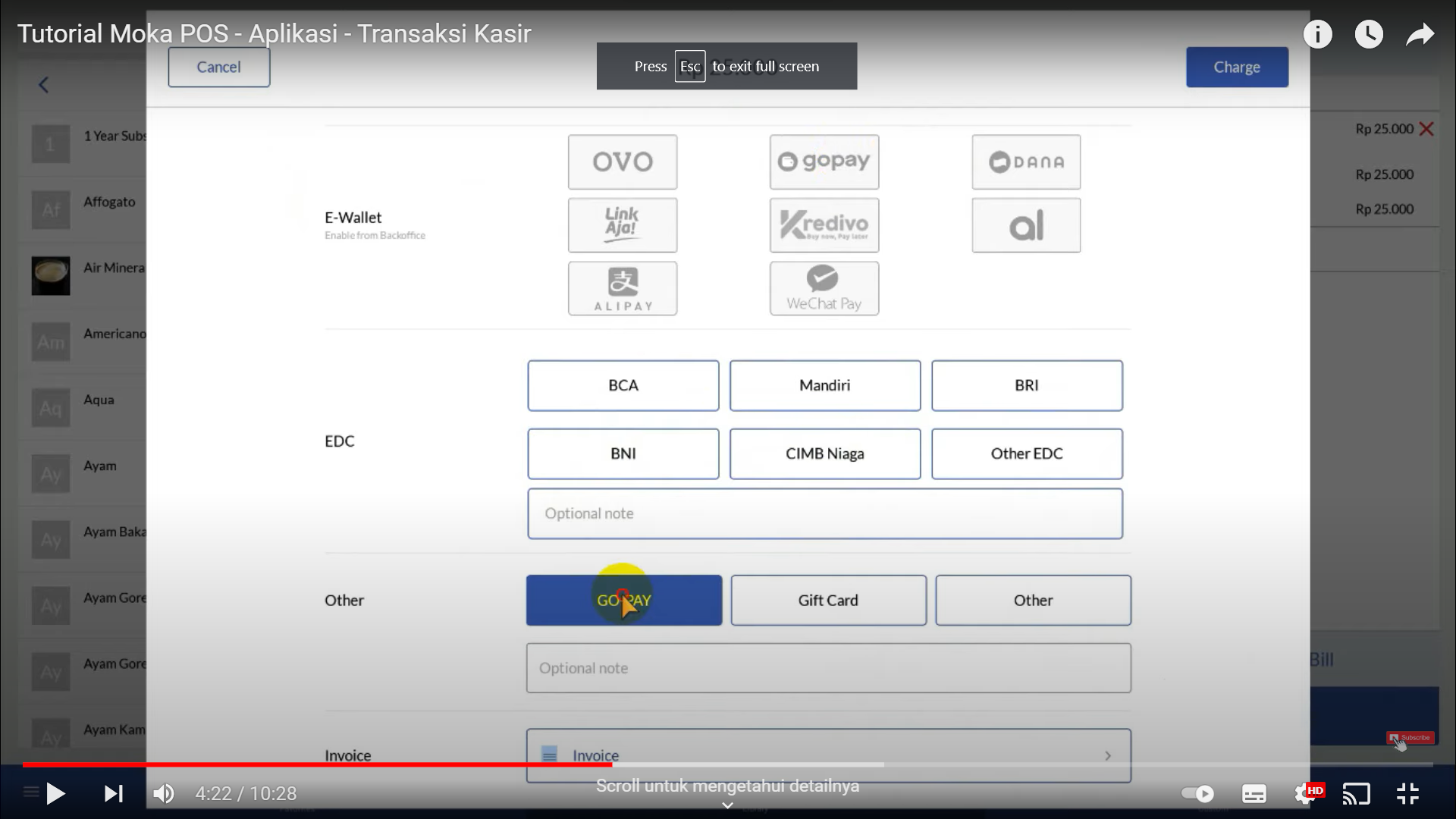 Screenshot tentang sistem MokaPOS yang dapat memproses pembayaran tagihan melalui layanan lainnya yang tersedia