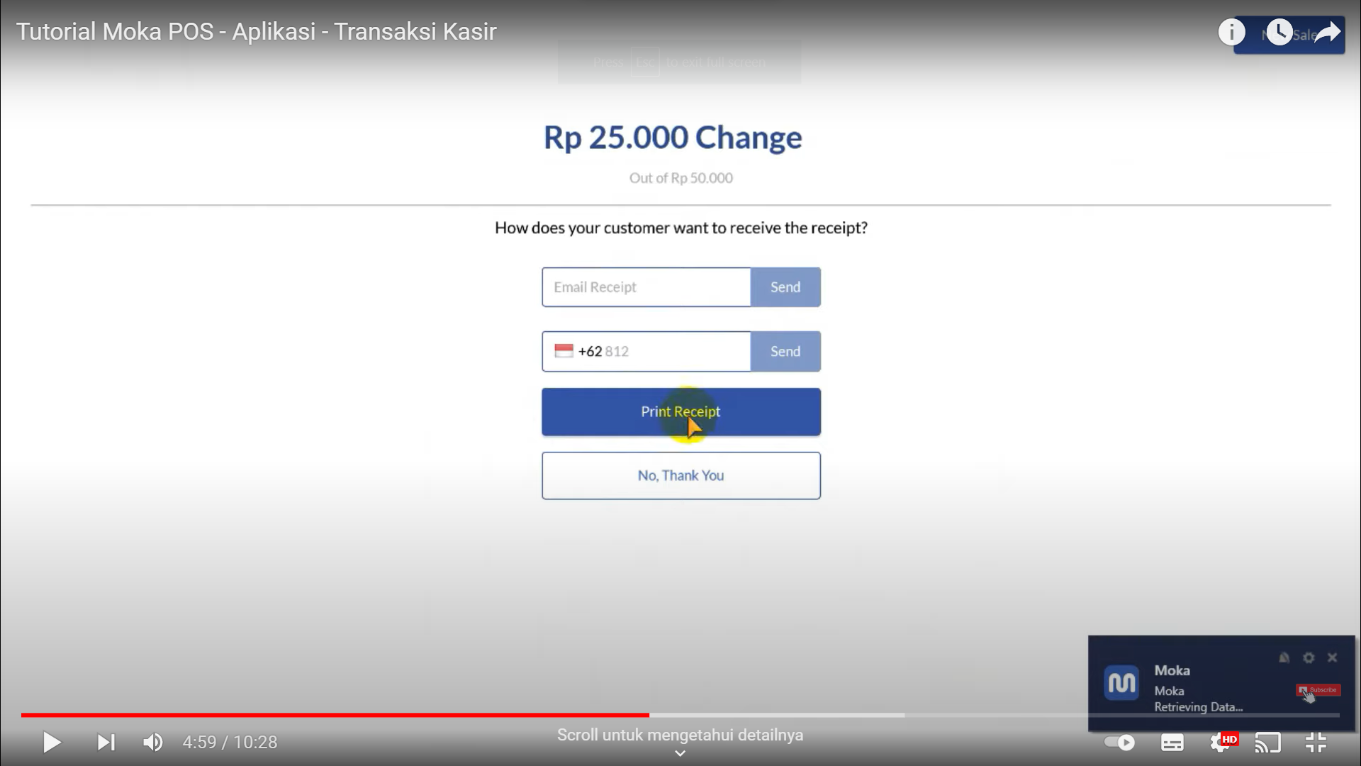 Screenshot tentang sistem MokaPOS yang dapat mencetak bukti pembayaran