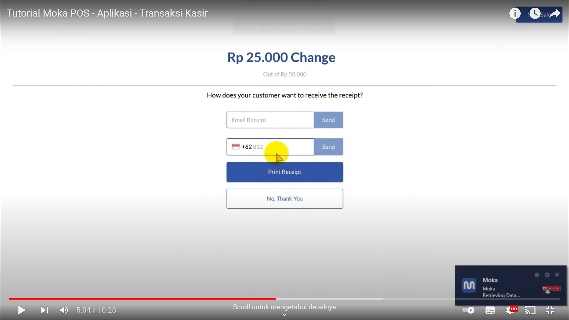 Screenshot tentang sistem MokaPOS yang dapat mengirim bukti pembayaran ke pembeli melalui email atau nomor HP