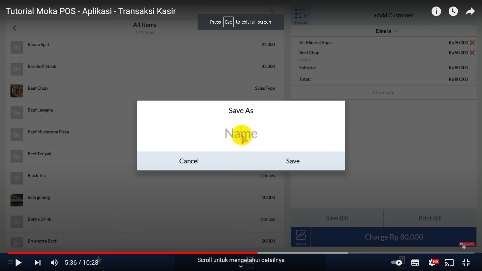 Screenshot tentang sistem MokaPOS yang mengijinkan kasir menyimpan tagihan