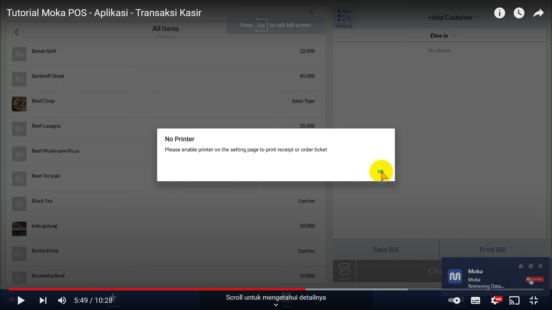 Screenshot tentang sistem MokaPOS yang dapat mencetak tagihan atau nomor pesanan tersimpan apabila tersambung printer