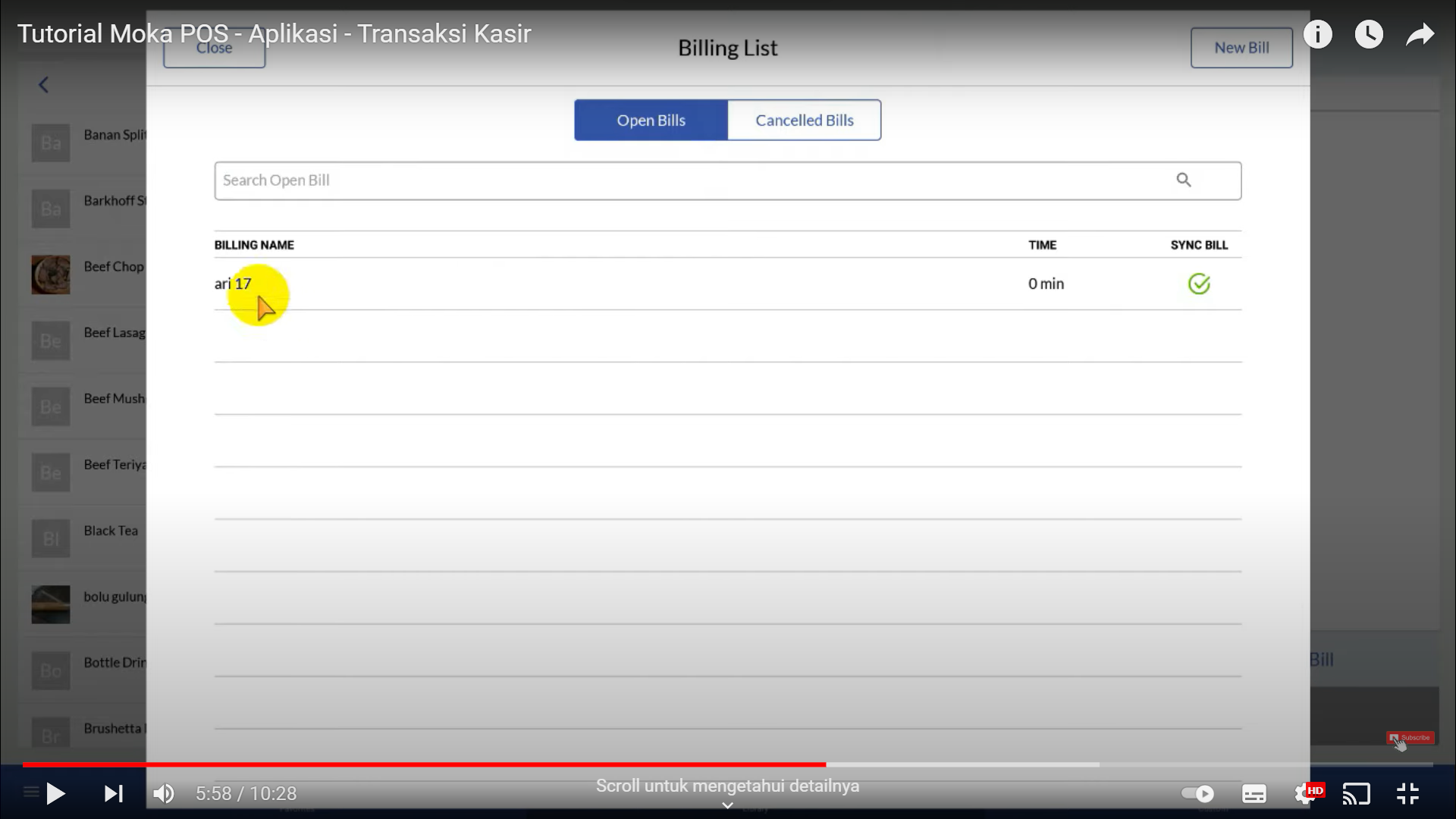 Screenshot tentang sistem MokaPOS yang mengijinkan kasir melihat dan memproses daftar tagihan tersimpan