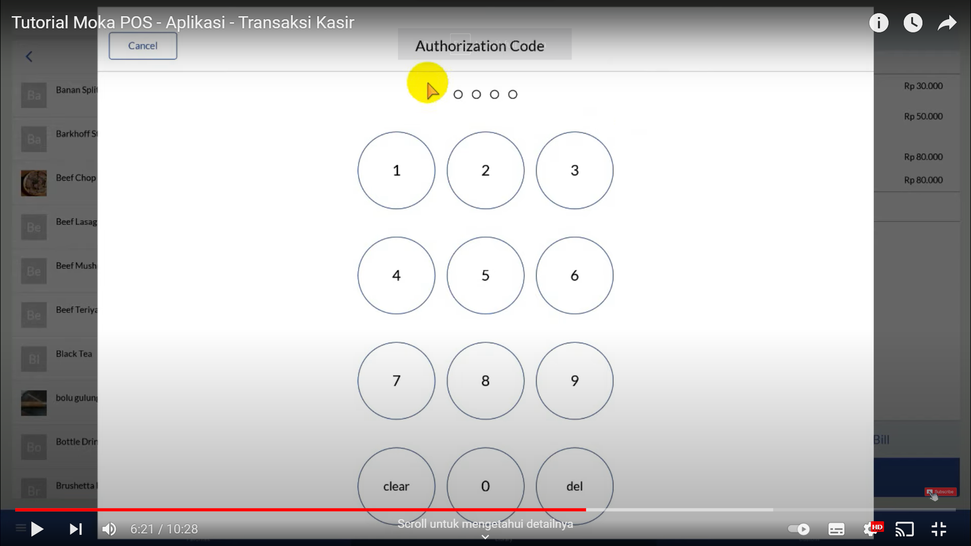 Screenshot tentang sistem MokaPOS yang mengijinkan kasir membatalkan atau mengubah item pesanan pada tagihan apabila memasukkan PIN yang benar