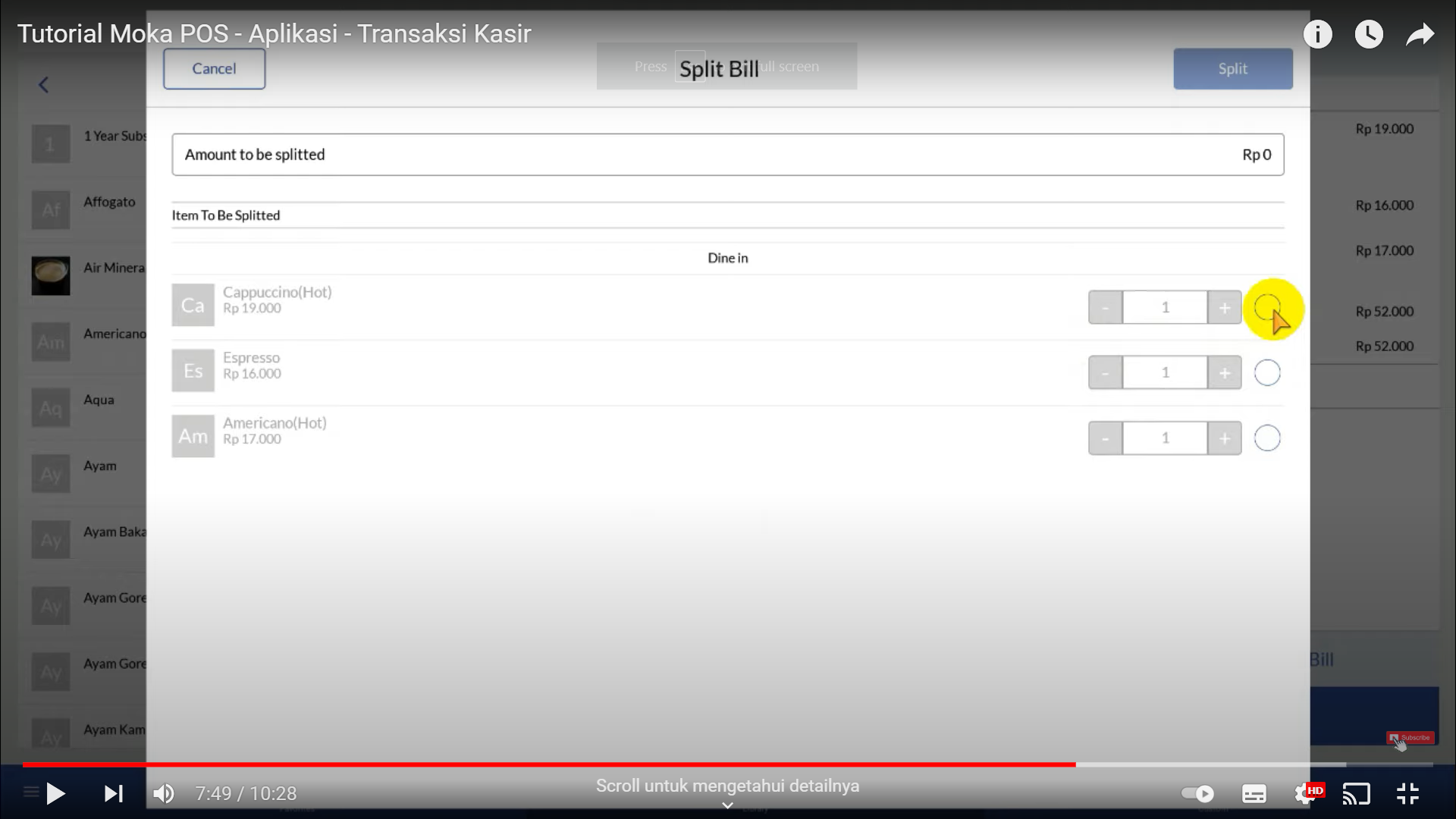 Screenshot tentang sistem MokaPOS yang mengijinkan kasir membagi tagihan dari pesanan