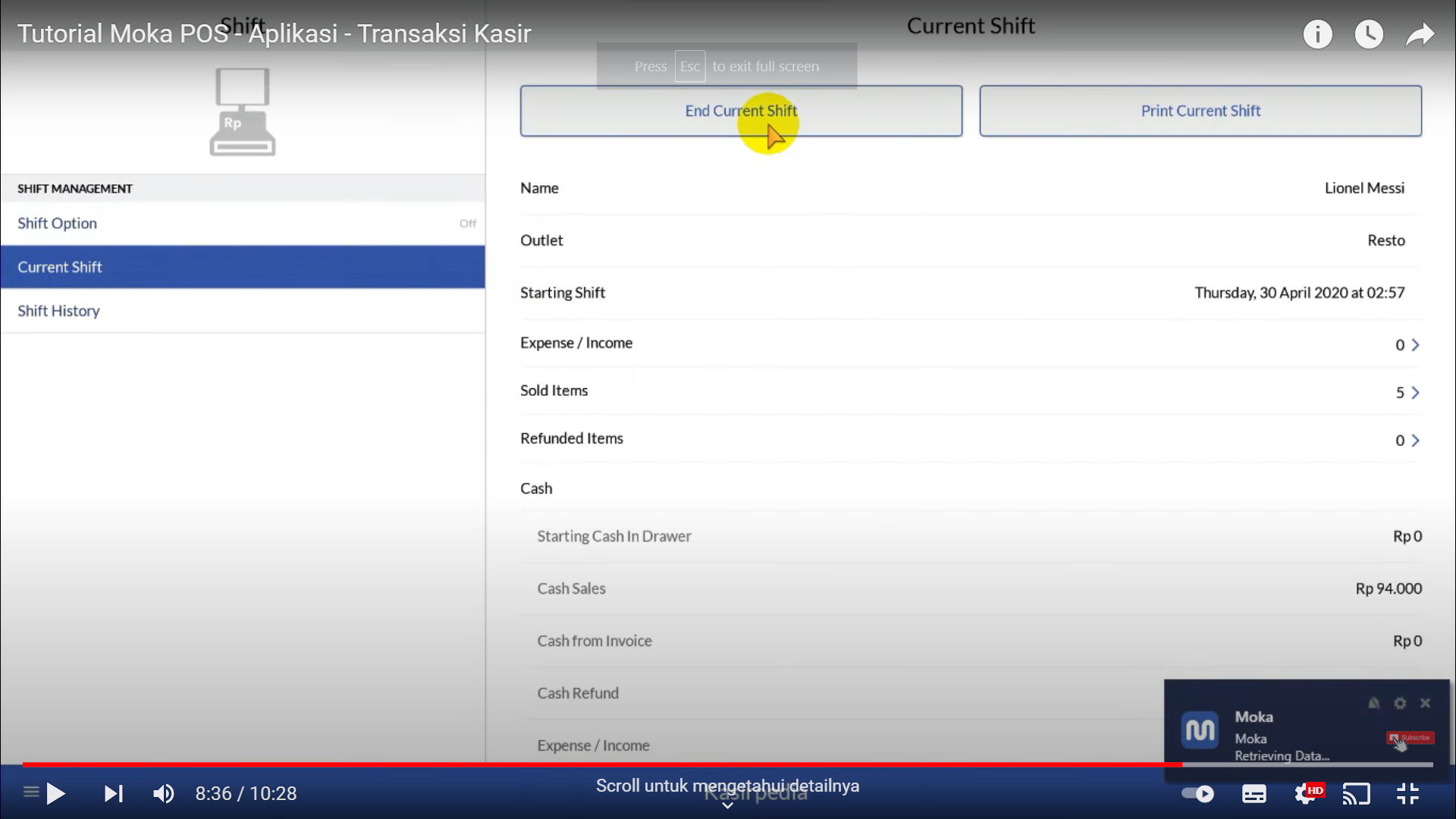 Screenshot tentang sistem MokaPOS yang mengijinkan kasir mengakhiri shift kerja