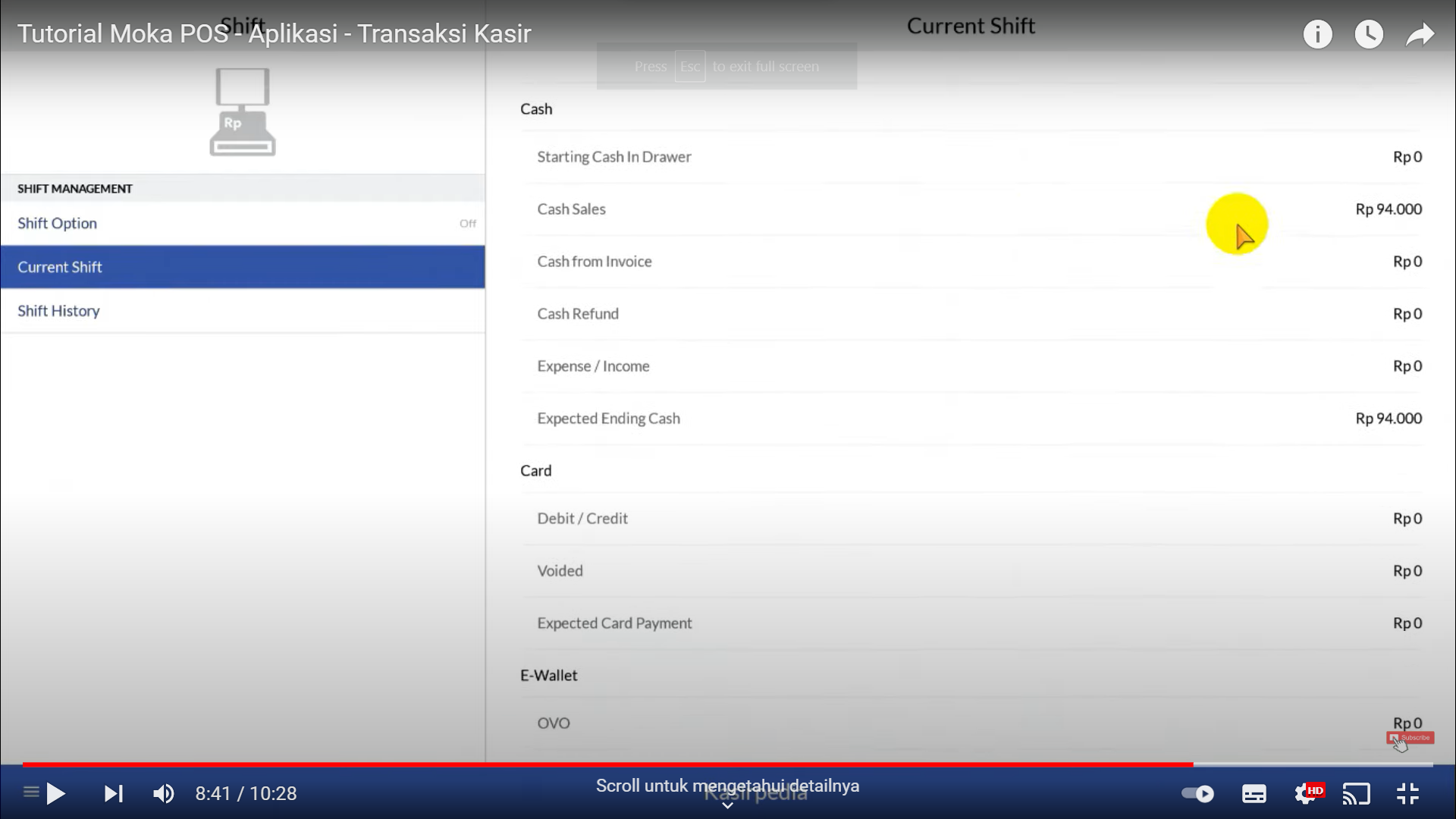 Screenshot tentang sistem MokaPOS yang menampilkan informasi dan statistik penjualan dari suatu shift kerja