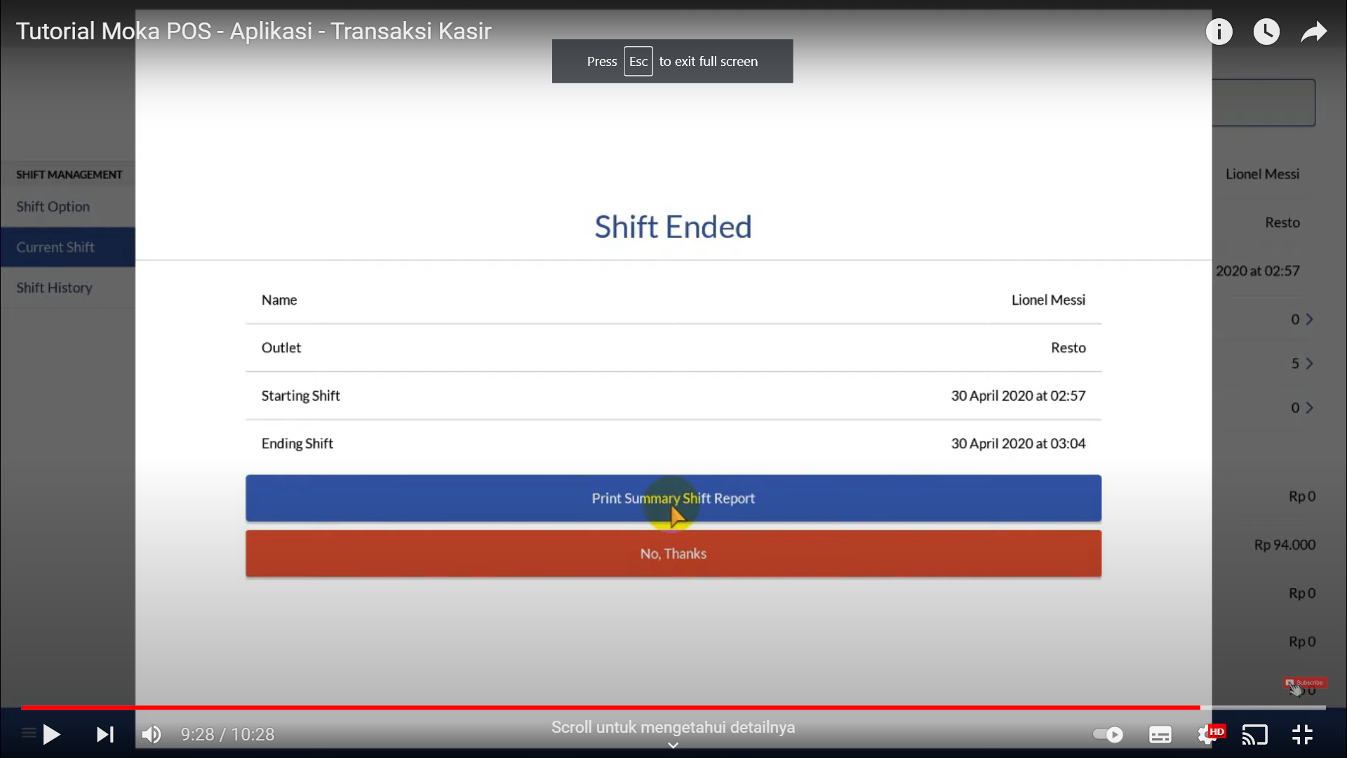 Screenshot tentang sistem MokaPOS yang dapat mencetak laporan shift kerja