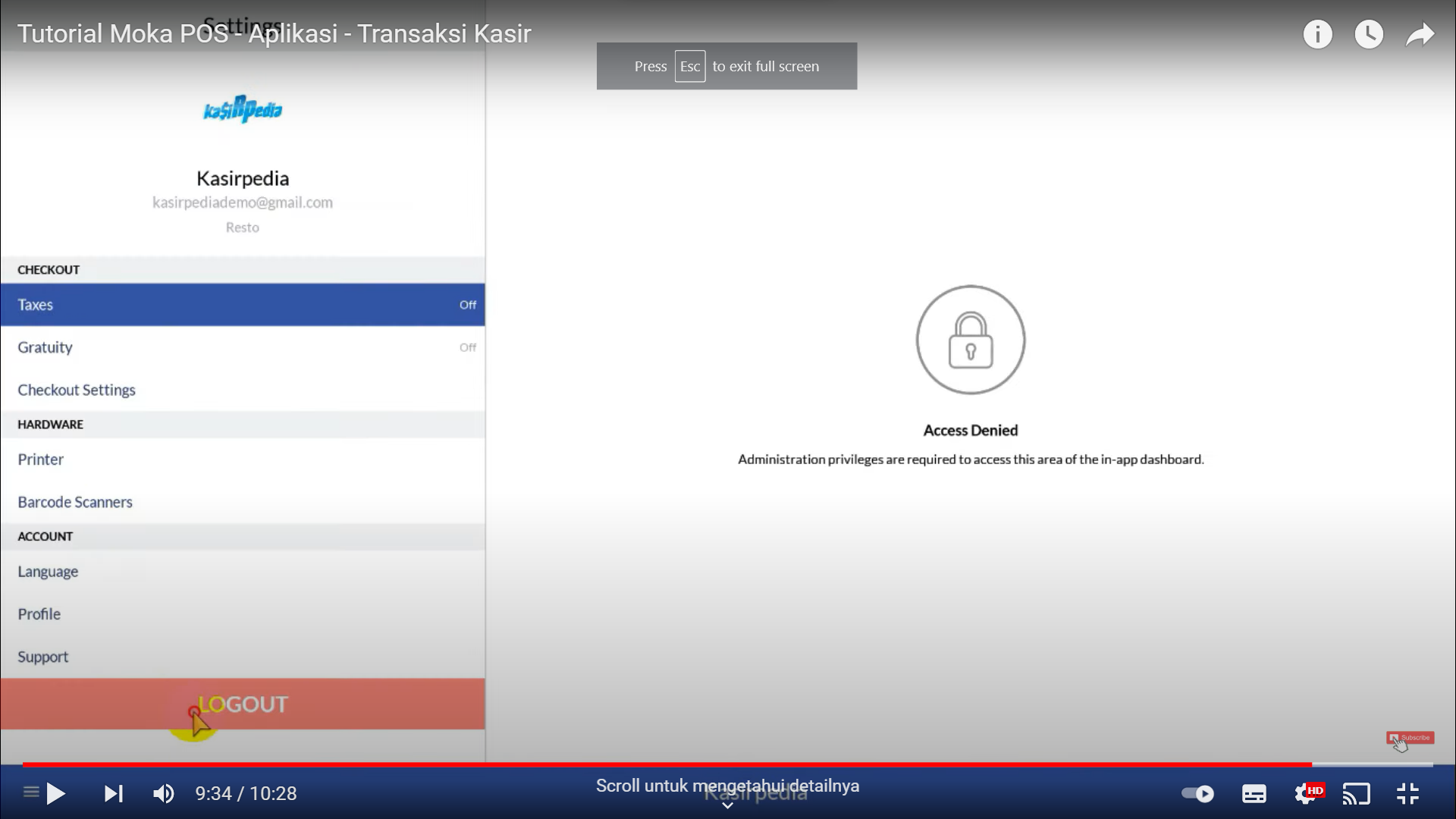 Screenshot tentang sistem MokaPOS yang mengijinkan pengguna atau kasir keluar akun dari sistem